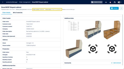 Order detail view in productionManager with the new status “New (in calculation)” and the automatically generated order number.