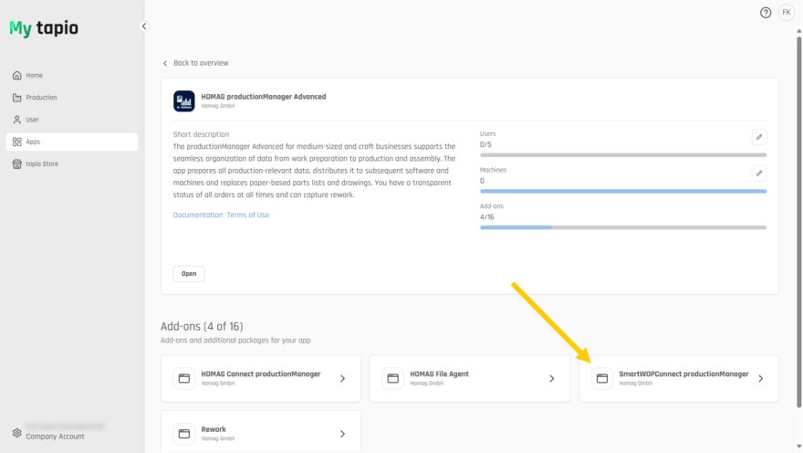 Select the SmartWOP Connect productionManager option in My tapio.