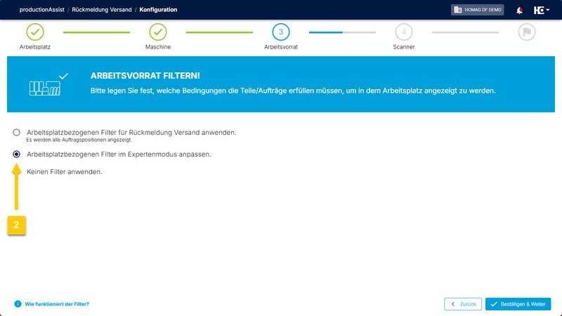 Wählen Sie im Schritt "Arbeitsvorrat" die Option (2) "Arbeitsplatzbezogene Filter im Expertenmodus anpassen." aus.