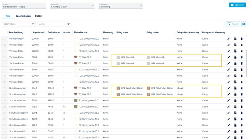 Angabe des Materials für den Belag oben und Belag unten in der Stückliste. Angabe des Materials für den Belag oben und Belag unten in der Stückliste.
