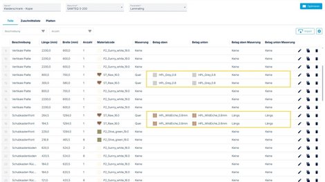 Angabe des Materials für den Belag oben und Belag unten in der Stückliste.