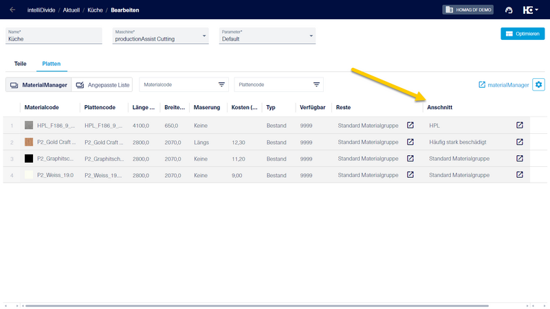 In der Spalte "Anschnitt" in der Registerkarte "Platten" wird die Materialgruppe jeweils pro Material angezeigt. 