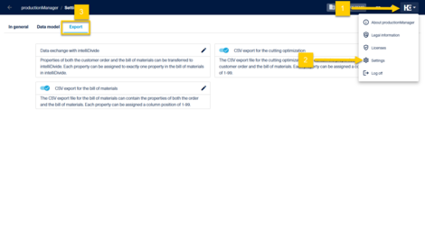 To access the export settings (3), open the settings (2) in the HOMAG menu (1).