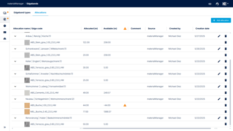 Edgeband type allocations in materialManager