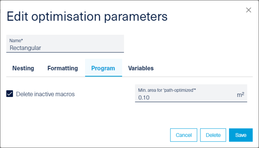 Optimization parameters - program