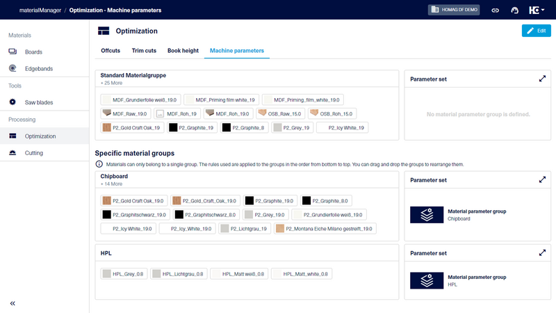 In the “Optimization” area in the materialManager, you have the option of defining material groups for the machine parameters.