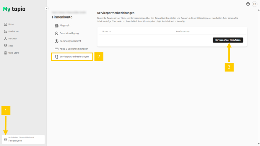 Einstellungen zu den Servicepartnerbeziehungen öffnen