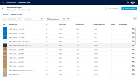 Mit der Filteroption "Nicht zugewiesen" kann nach nicht eingelagerten Kantenbändern gefiltert werden.