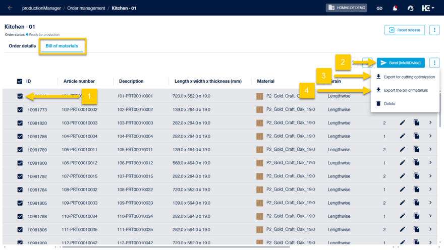 Export the bill of materials