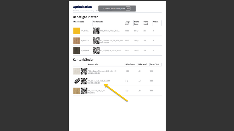 The accompanying document also shows the available edgebands with their ID, quantity and storage location. 