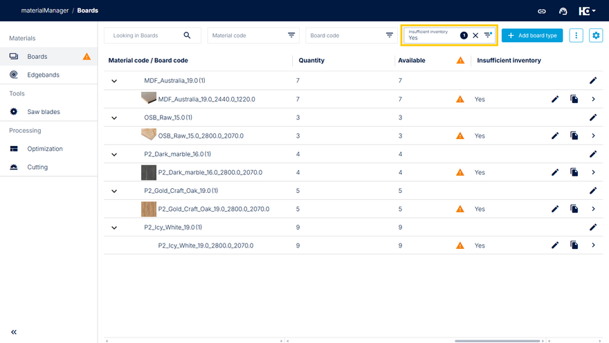 Material overview filtered by insufficient inventory