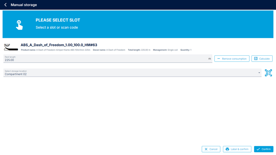 Dialog for "Manual storage"