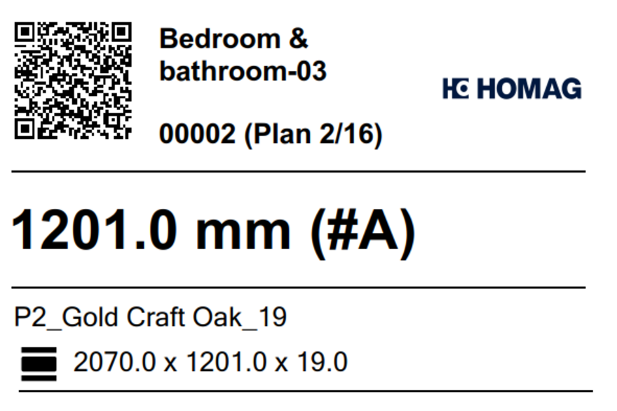 Label of a strip with name ( #A), material and dimensions.