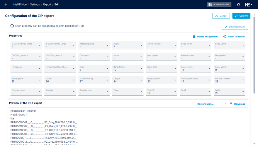 Configuration of the ZIP export for intelliDivide Nesting