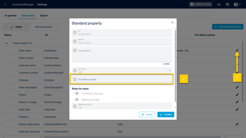 When editing a standard property (1), you can define a pre-filled content, i.e. a default value (2). The remaining values for standard properties are predetermined.