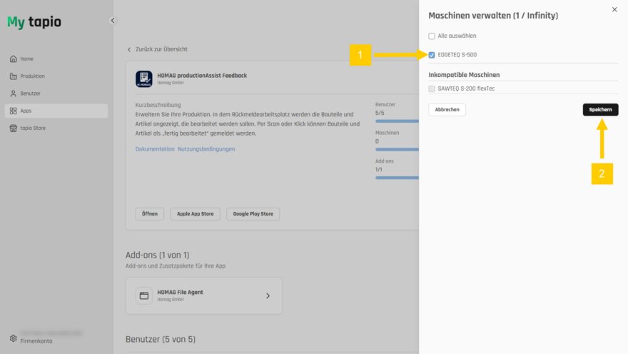 Selektieren Sie die Maschine(n) und bestätigen Sie mit "Speichern"