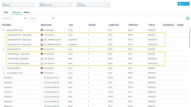 Display of additional laminate parts in the cutting list. Display of additional laminate parts in the cutting list.