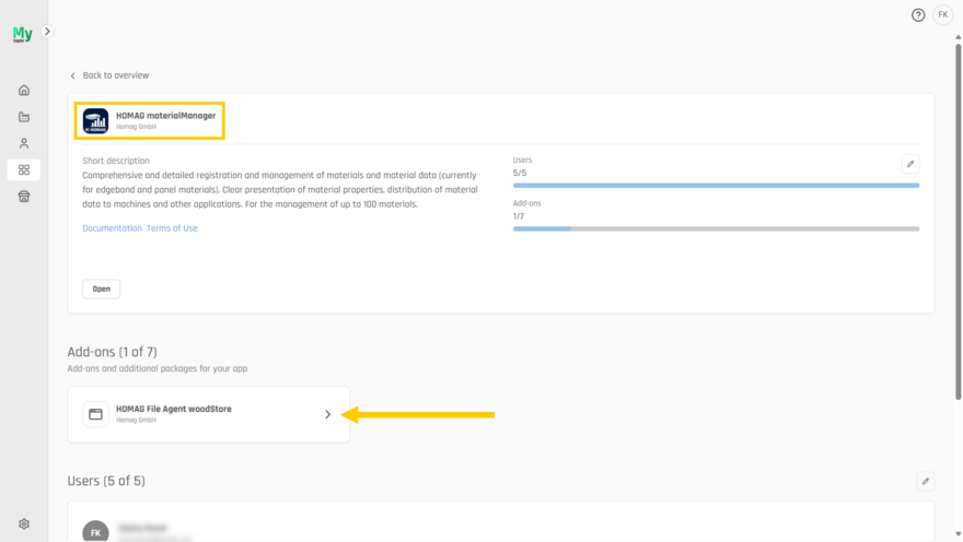 Navigation to the "HOMAG File Agent woodStore" application within the materialManager