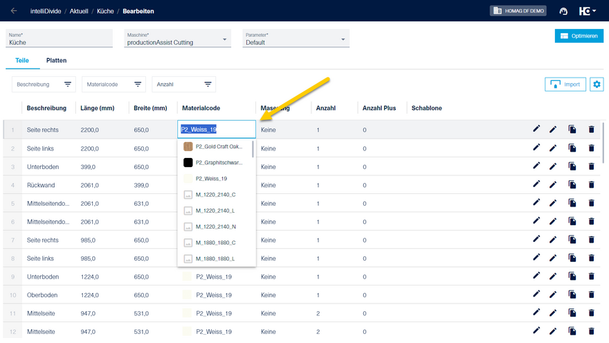 In der Teileliste können Sie auf alle Materialien zugreifen, die entweder im materialManager gespeichert oder in die angepasste Liste eingefügt wurden.