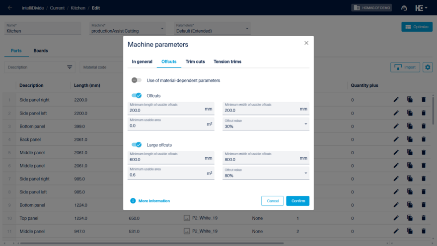 Setting the minimum size for offcuts