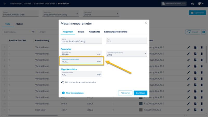 Hier kann die maximale Streifenbreite in intelliDivide hinterlegt werden.