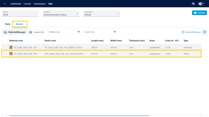 Display of offcuts incl. availability in intelliDivide