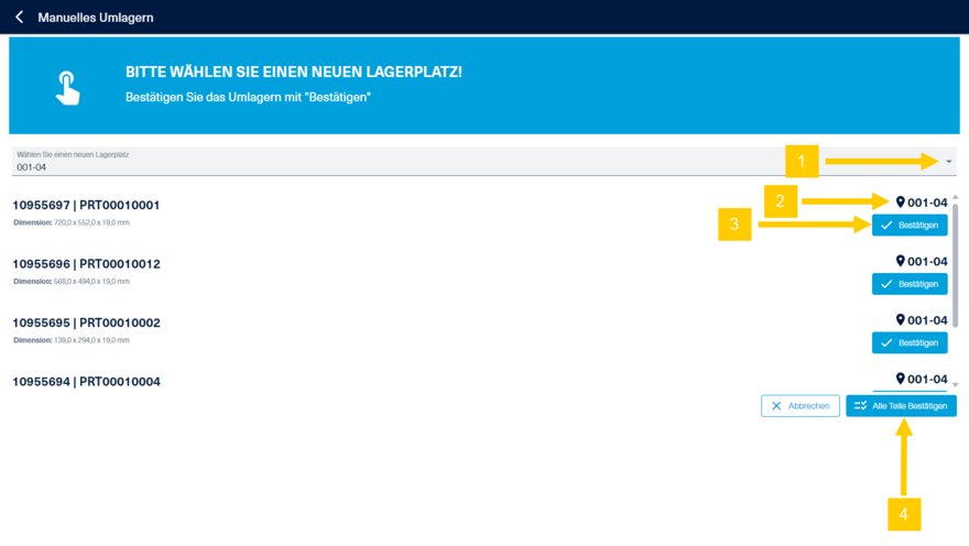 Auswahl des neuen Lagerplatzes.