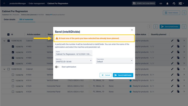 Warning that parts have already been scheduled