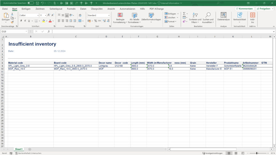 Export of material types with insufficient inventory