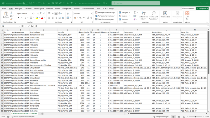 Erzeugte CSV-Datei mit Überschriften