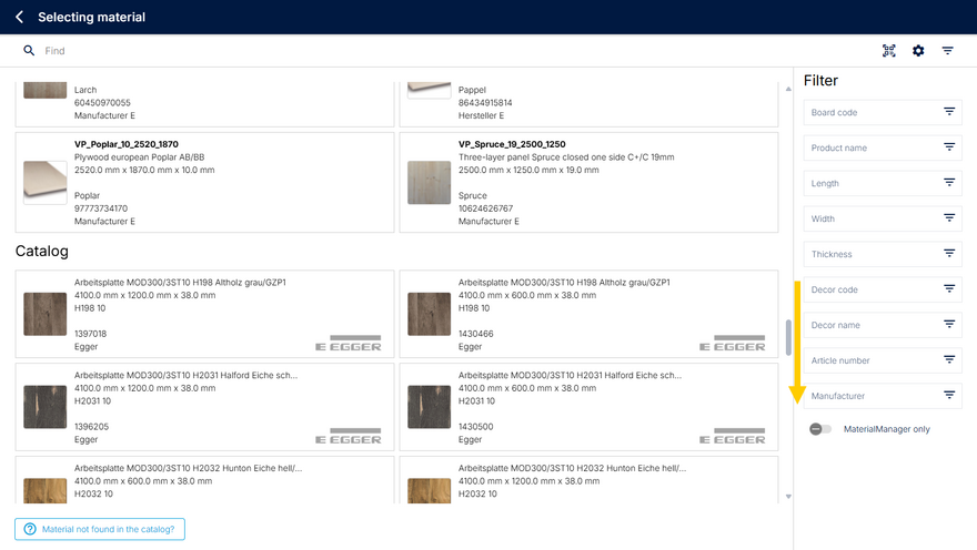 Selection of the material type from the catalog