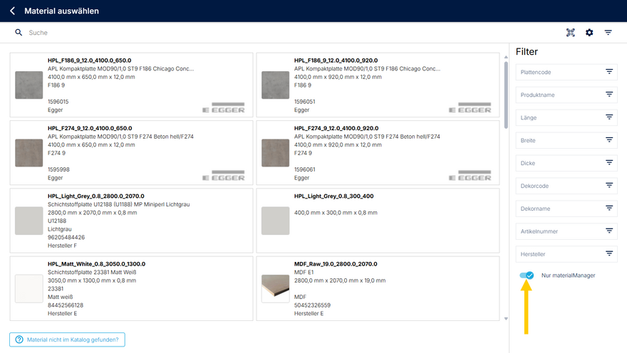 Anzeige der bereits im materialManager angelegten Plattentypen