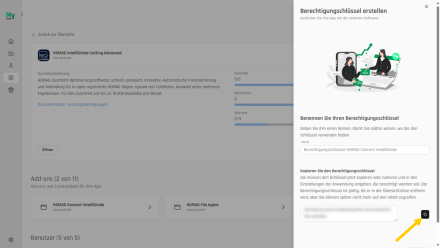 Kopieren Sie den generierten Berechtigungsschlüssel. 