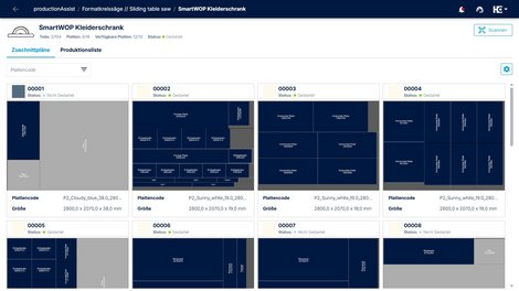 Übersichtliche Darstellung der Schnittpläne mit Zusatzinformationen wie Plattencode, Plattengröße und Status.