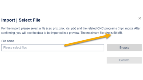 Maximum file size for the import of parts increased