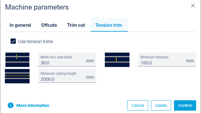 Parameters for inserting tension trims