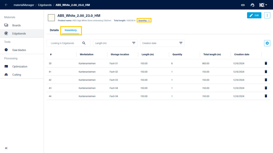 Material inventory in the detail view of an edgeband type