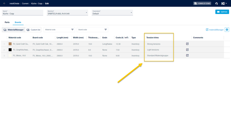 Display of the material group for tension trims in intelliDivide