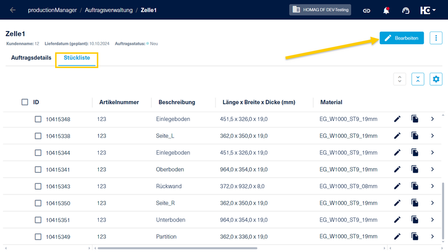 Wechsel in den Bearbeiten-Modus in der Stückliste im productionManager