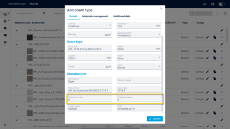 Fields "Embossing on top" and "Embossing below" now available in materialManager