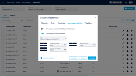 Einstellungen für das Einfügen von Spannungsfreischnitten
