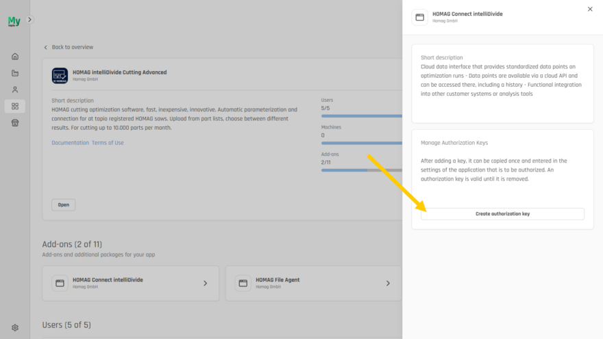 Click on "Create authorization key" to add a new key.
