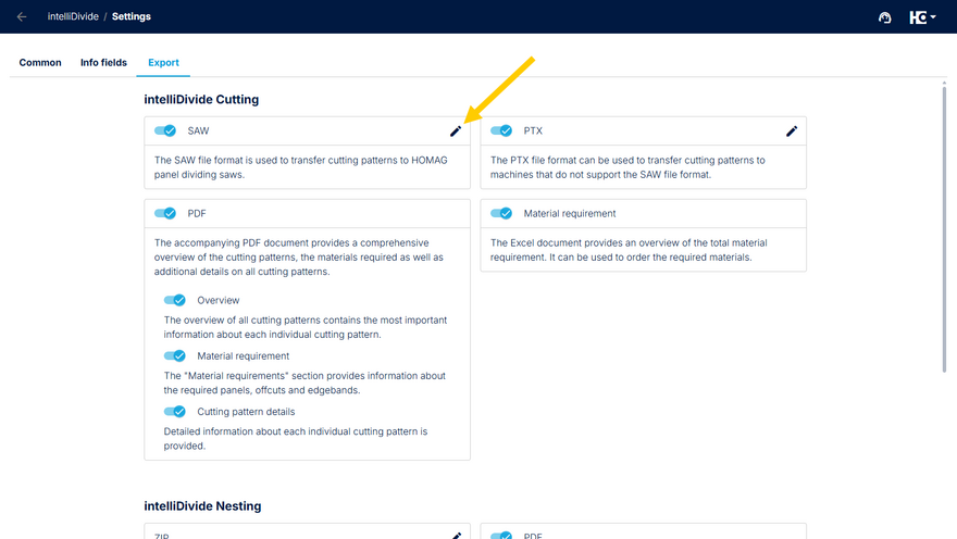 Open SAW export settings