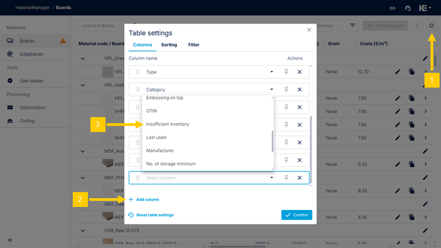 Adding the column "Insufficient inventory" in the table settings