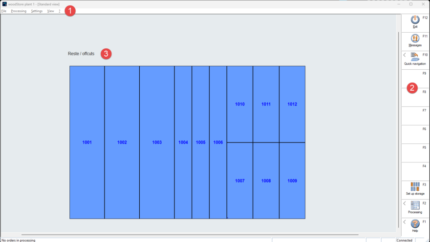 Initial view with menu bar (1), the standard function bar (2) and the template of a offcuts rack (3). Initial view with menu bar (1), the standard function bar (2) and the template of a offcuts rack (3).