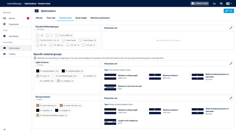 In the “Optimization” area of the materialManager, you have the option of creating material groups for the use of the tension trims.